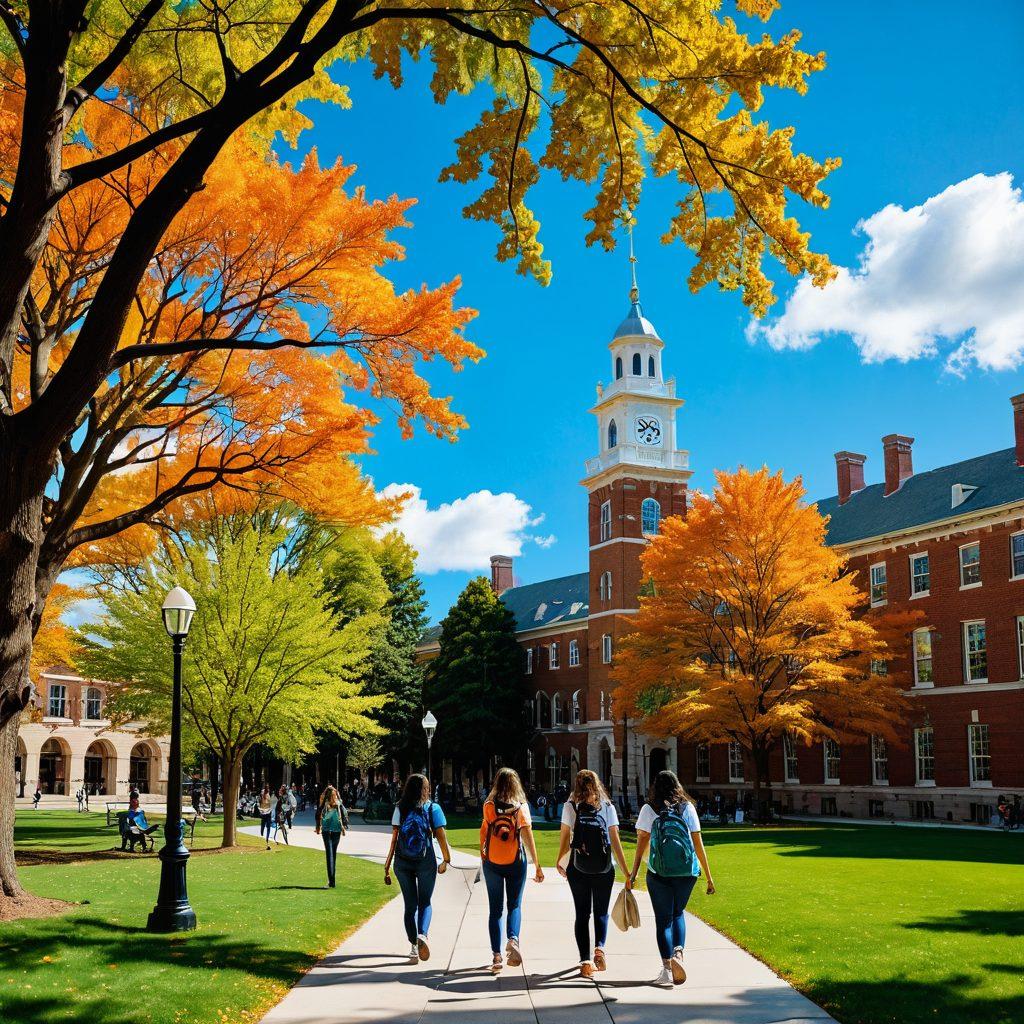A vibrant campus scene depicting a diverse group of enthusiastic freshmen navigating their first day at college, with backpacks and notebooks in hand, exploring iconic campus landmarks, engaging in friendly conversations, and attending informational booths. A backdrop of colorful trees and sunny skies enhances the lively atmosphere. super-realistic. vibrant colors. 3D.