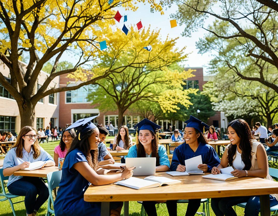An inspiring scene of diverse college students engaged in various activities, such as studying outdoors, participating in a group discussion, and celebrating accomplishments. The backdrop features a modern campus with blooming trees and vibrant students working together. Include symbols of achievement like graduation caps and books. super-realistic. vibrant colors. sunny atmosphere.