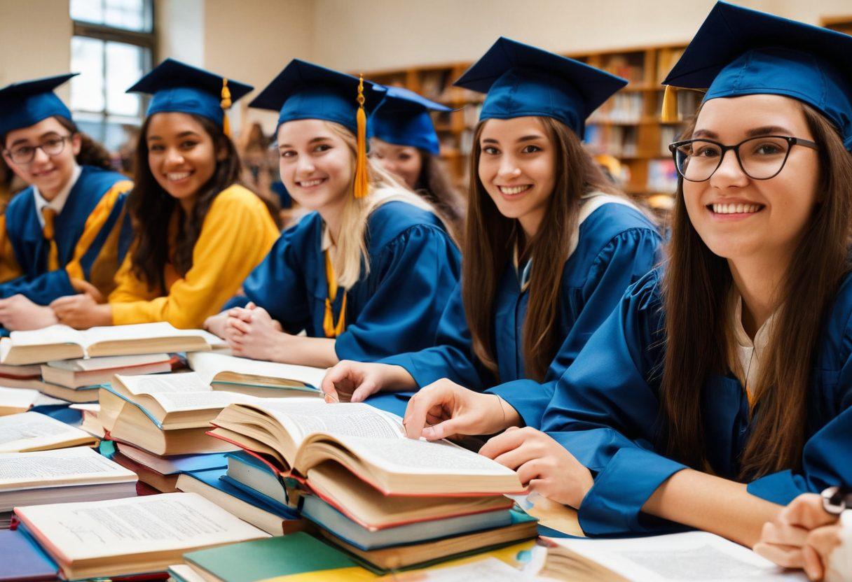 A visually engaging scene depicting a diverse group of first-year students in a dynamic campus environment, each actively engaging in different success-oriented activities such as studying with books, collaborating on projects, and participating in a workshop. Emphasize a bright, cheerful atmosphere, with motivational quotes and icons of success like a graduation cap and books around them. Use vibrant colors to symbolize energy and ambition. super-realistic. vibrant colors. motivational.